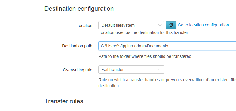 SFTPPlus Transfer Destination Configuration